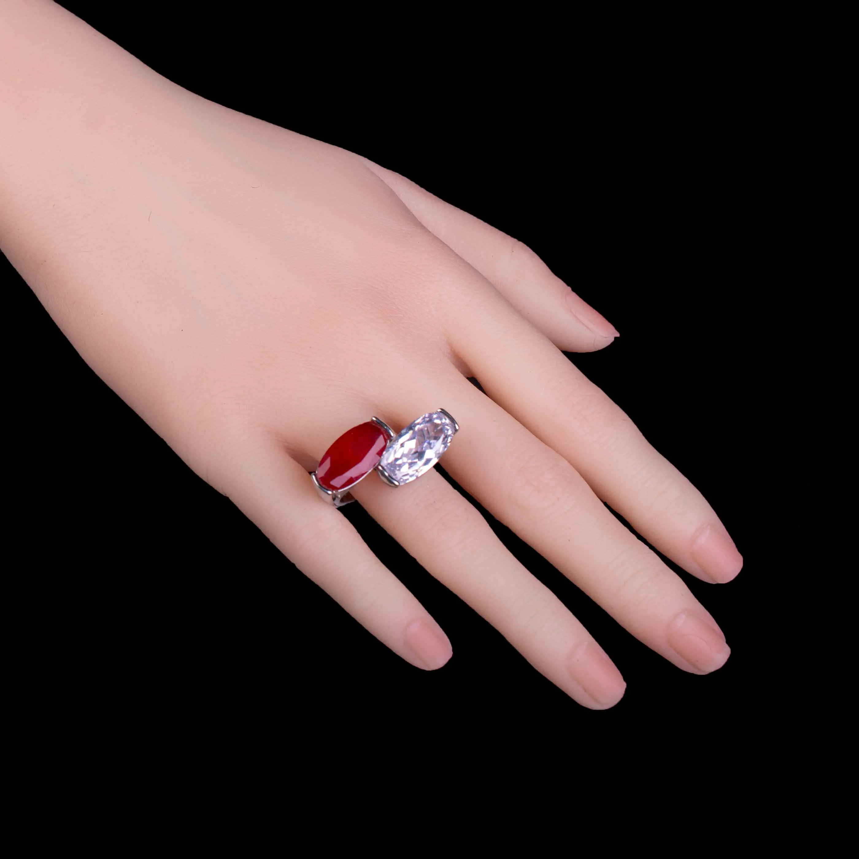 Round Cut Ruby Red & White Double Stone Ring
