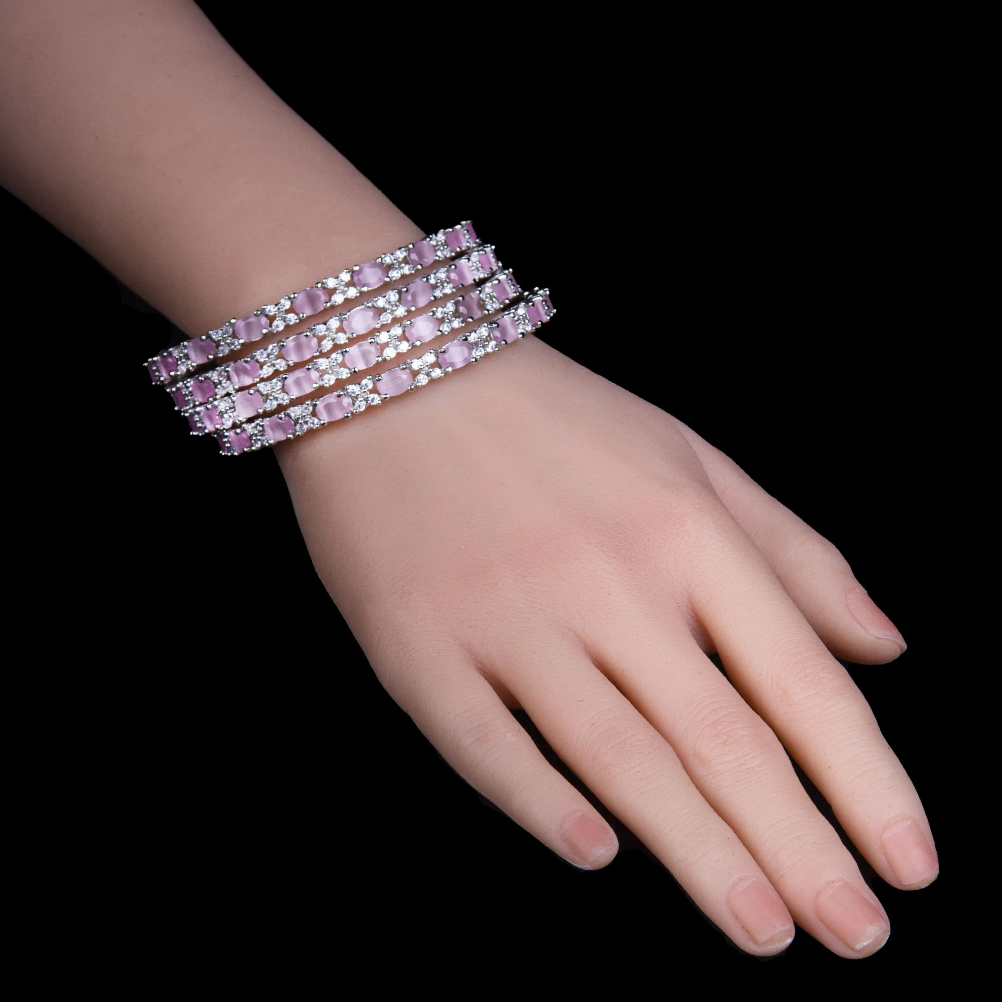 Oval Pink CZ Stone Bangles Set