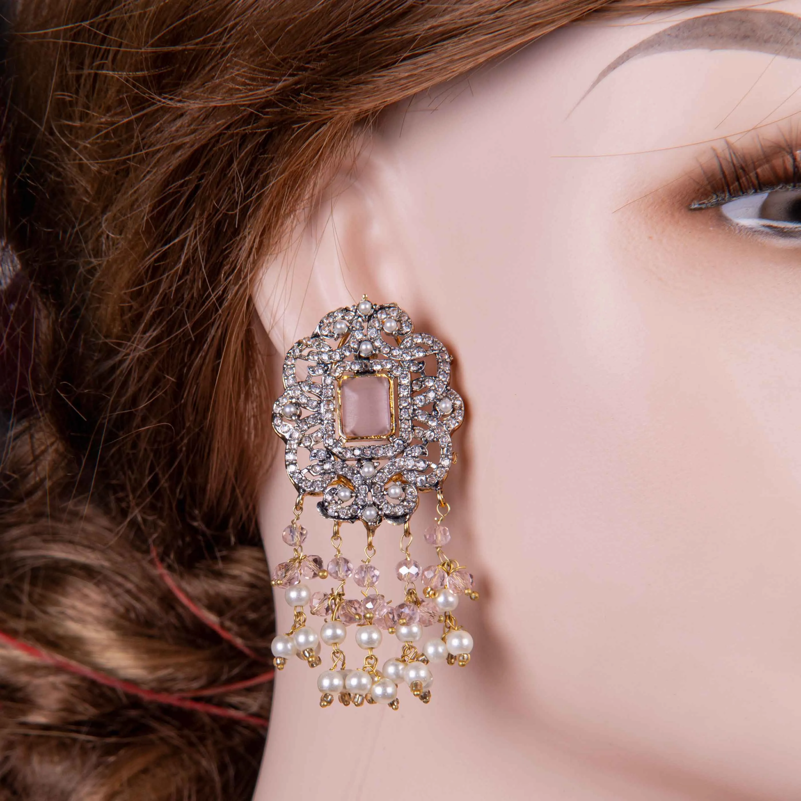 Silver Long Mala Pearl Necklace Set