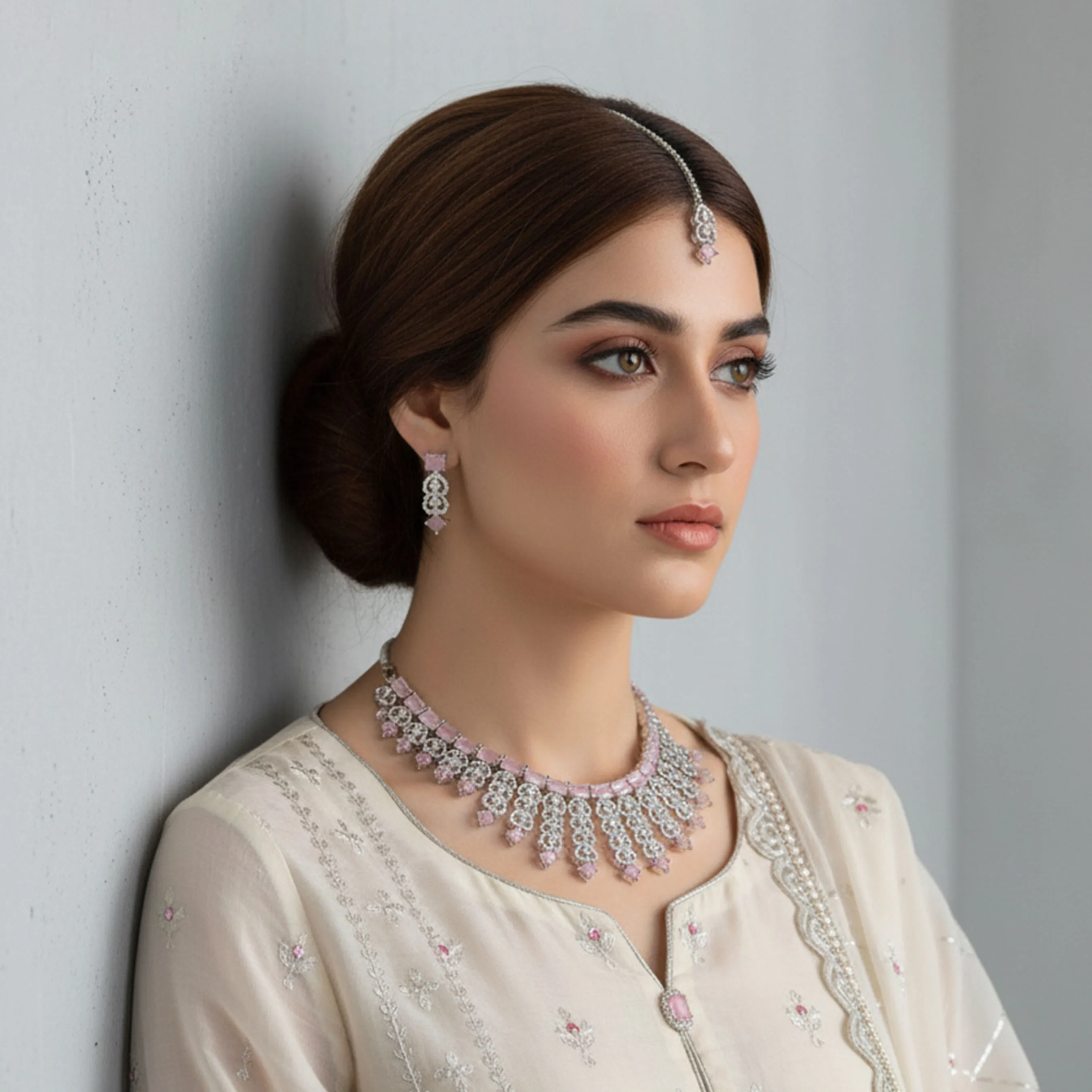 Pink Cubic Zircon Silver Necklace Set