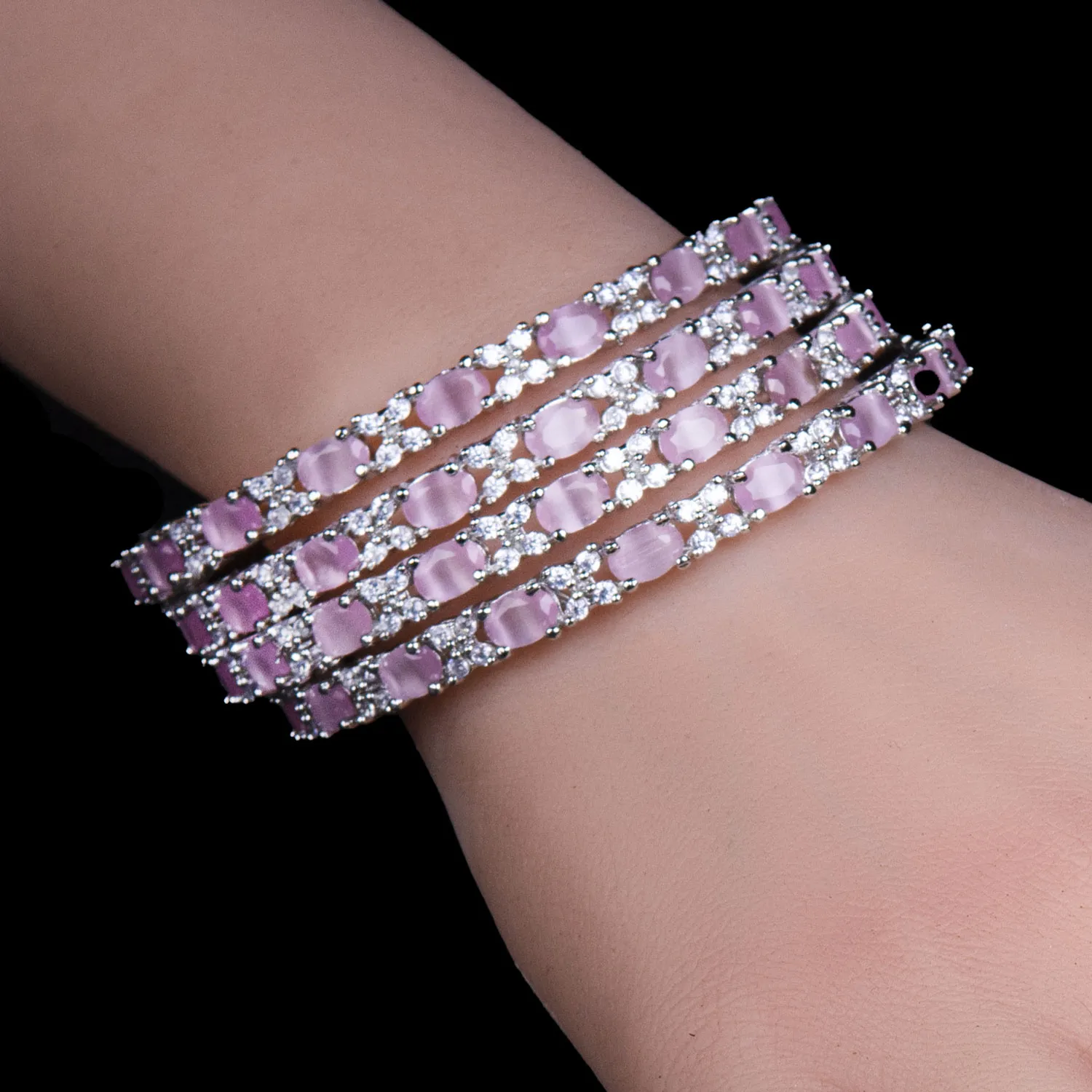 Oval Pink CZ Stone Bangles Set