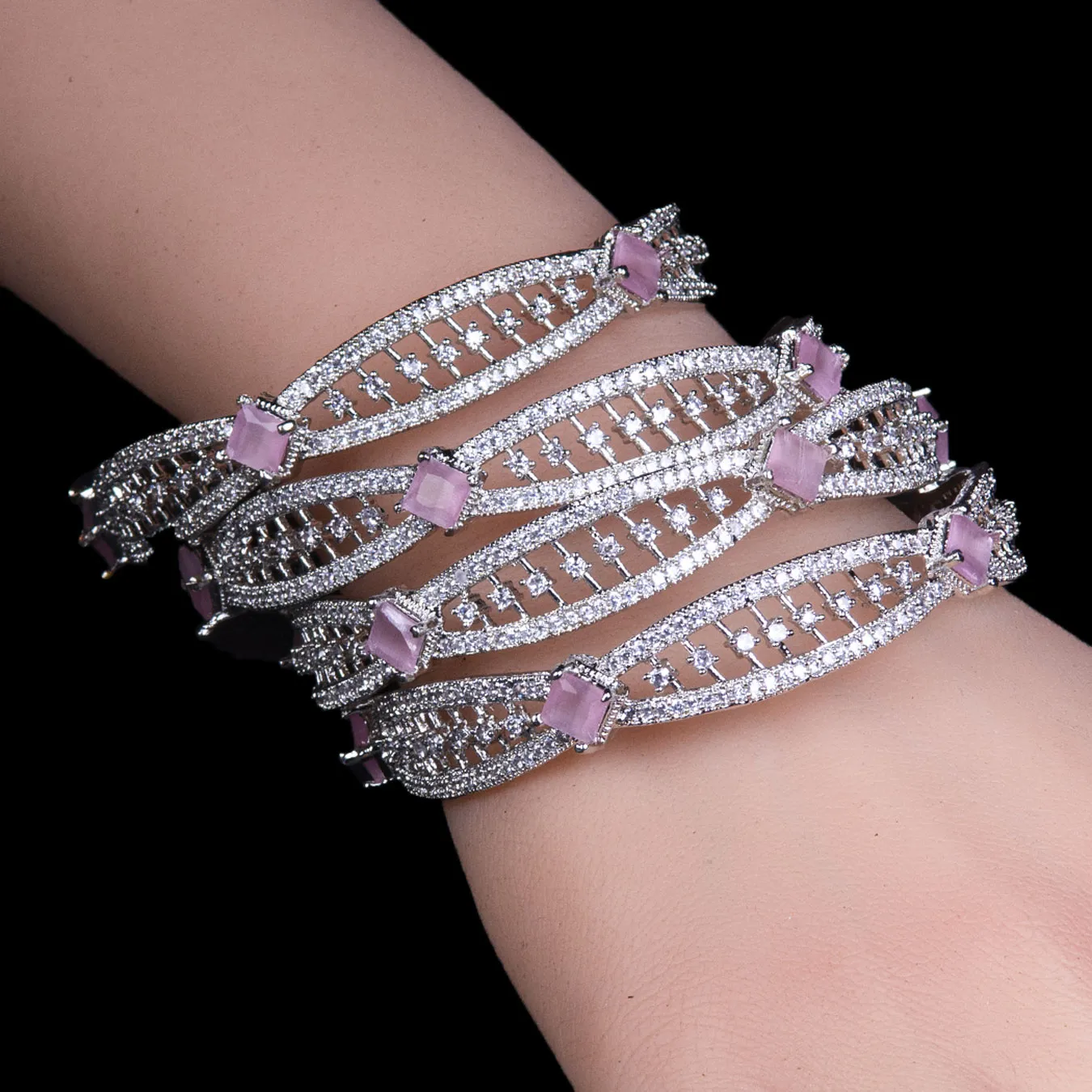 Pink Stone Silver Plated Bangles