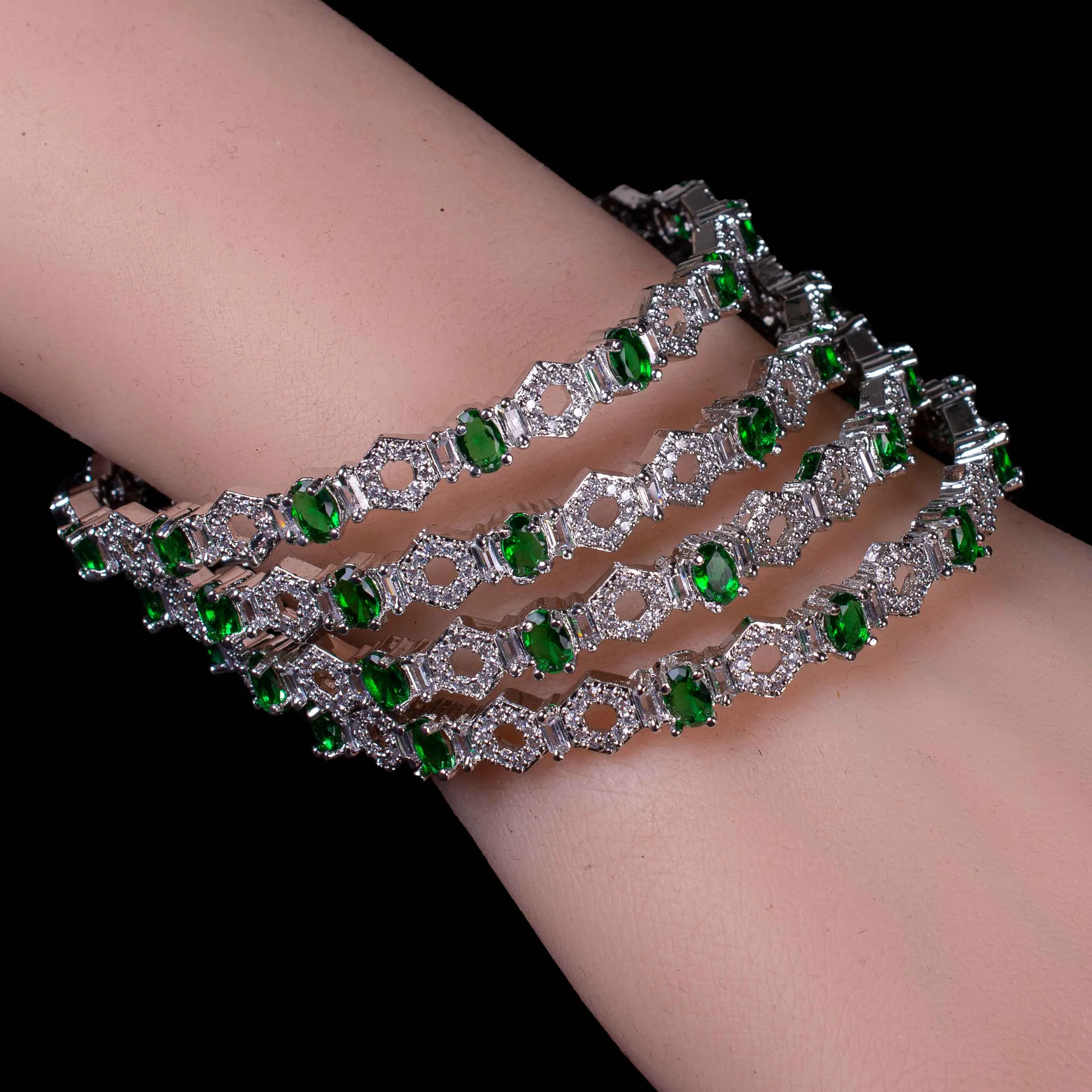 Silver Green Emerald Bangles