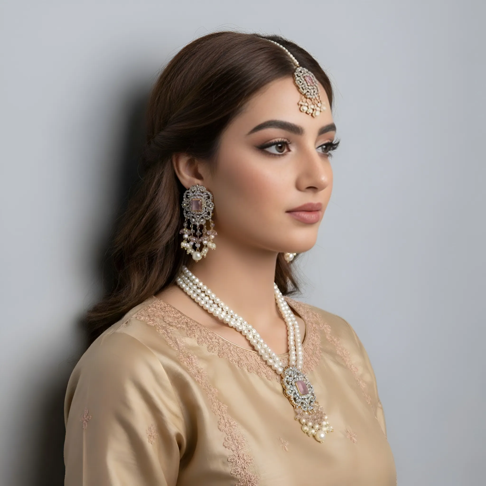 Silver Long Mala Pearl Necklace Set