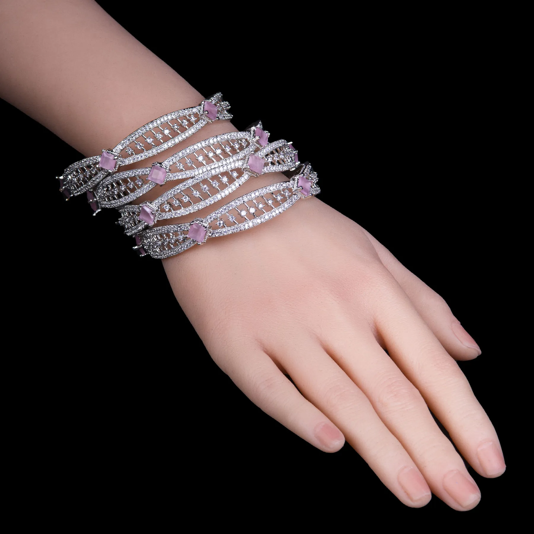 Pink Stone Silver Plated Bangles