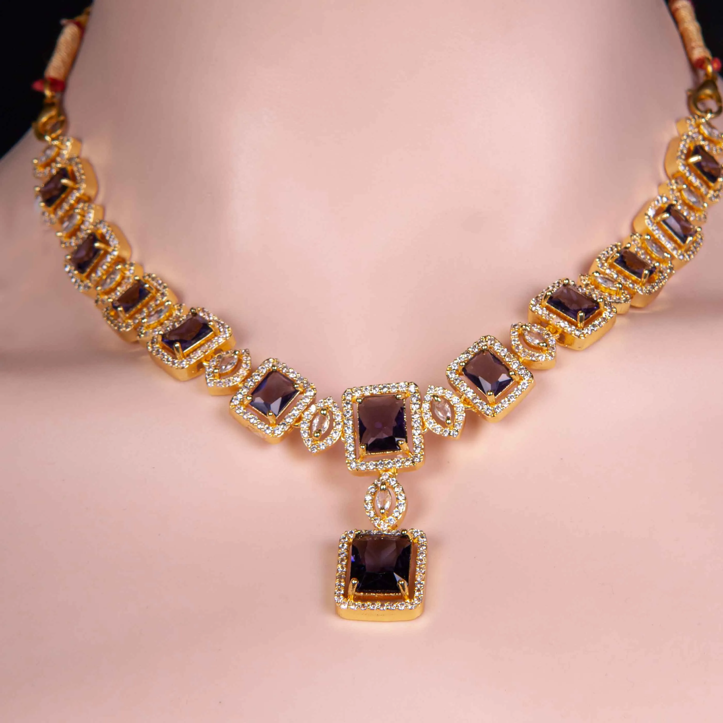 American Diamond Square Stone Necklace Set