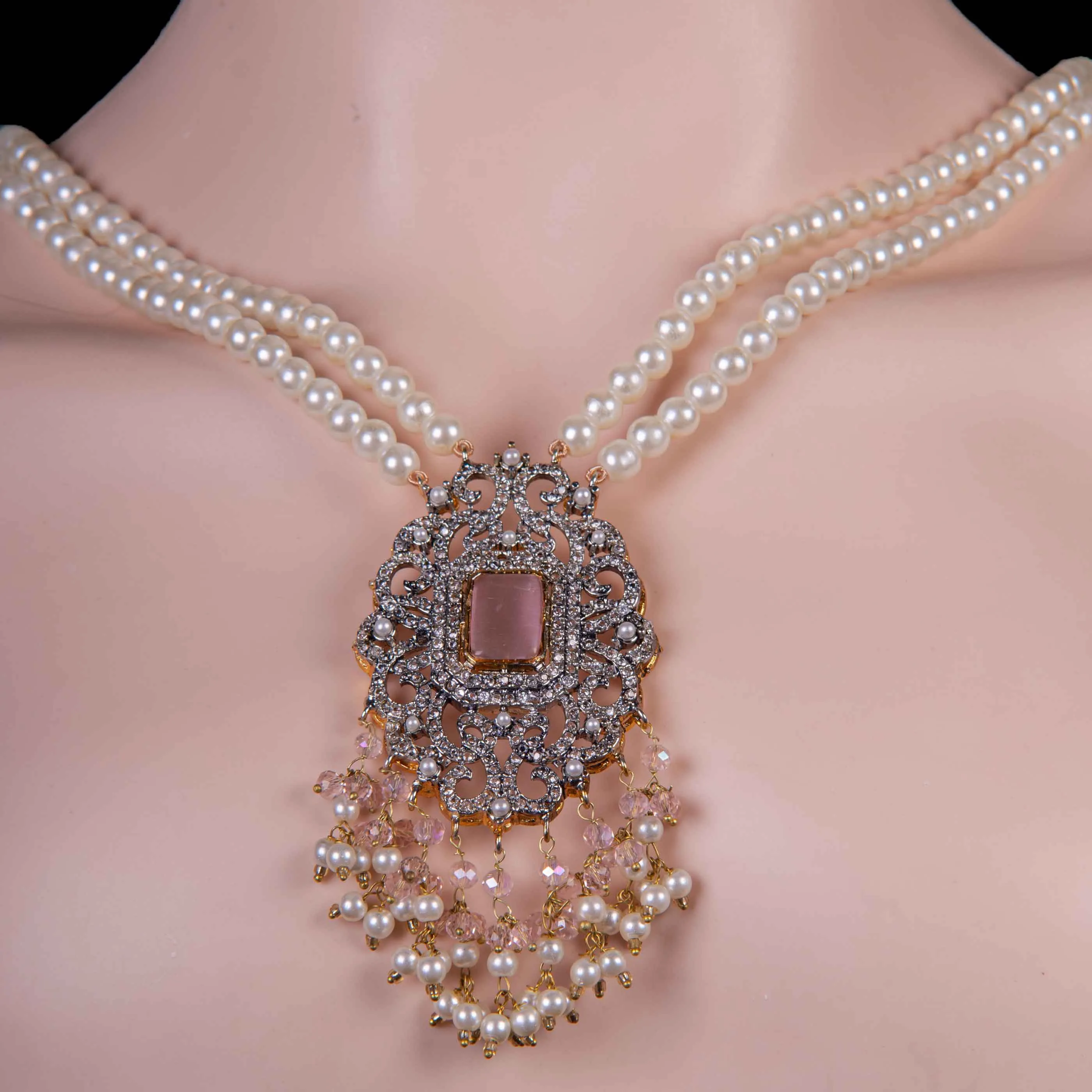 Silver Long Mala Pearl Necklace Set