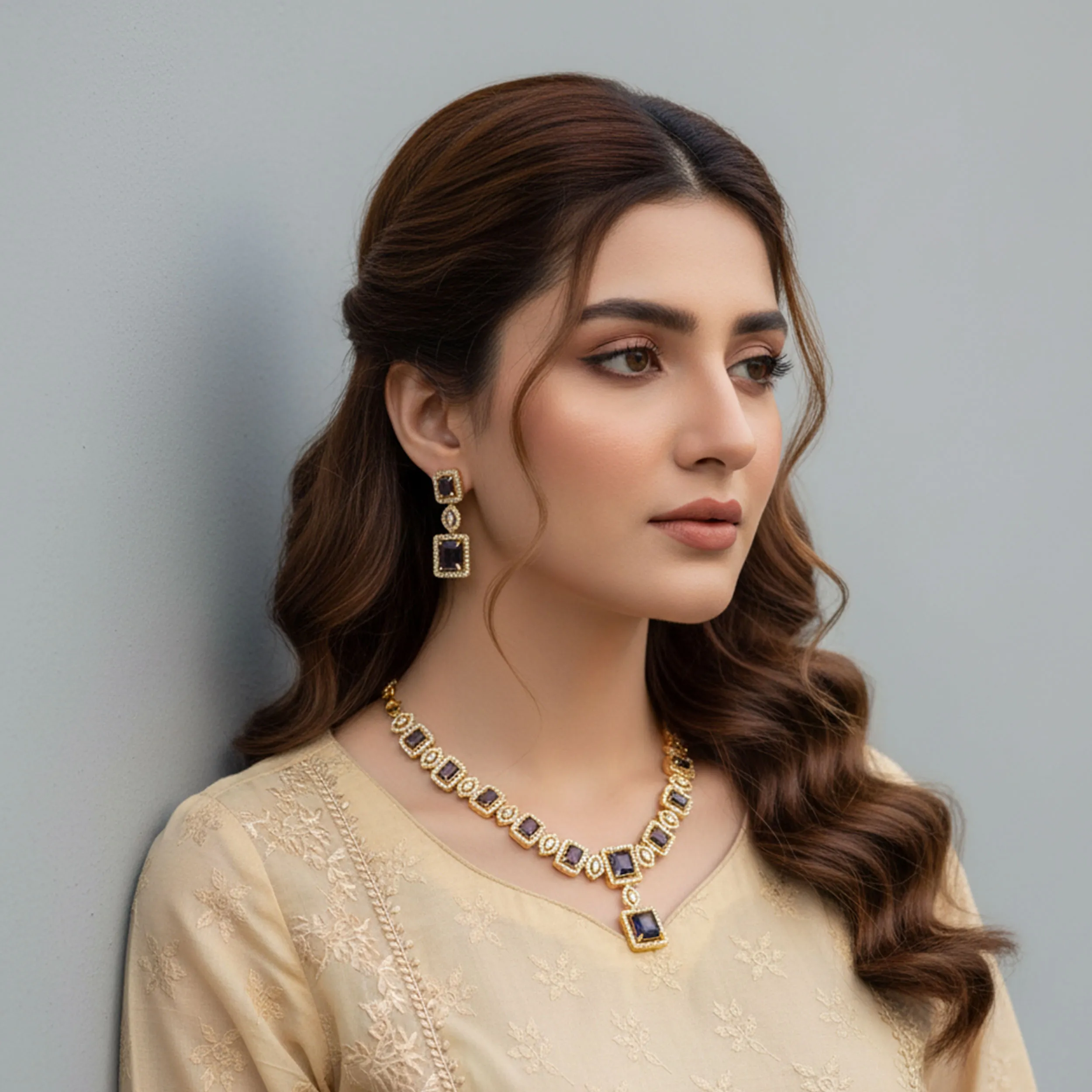 American Diamond Square Stone Necklace Set