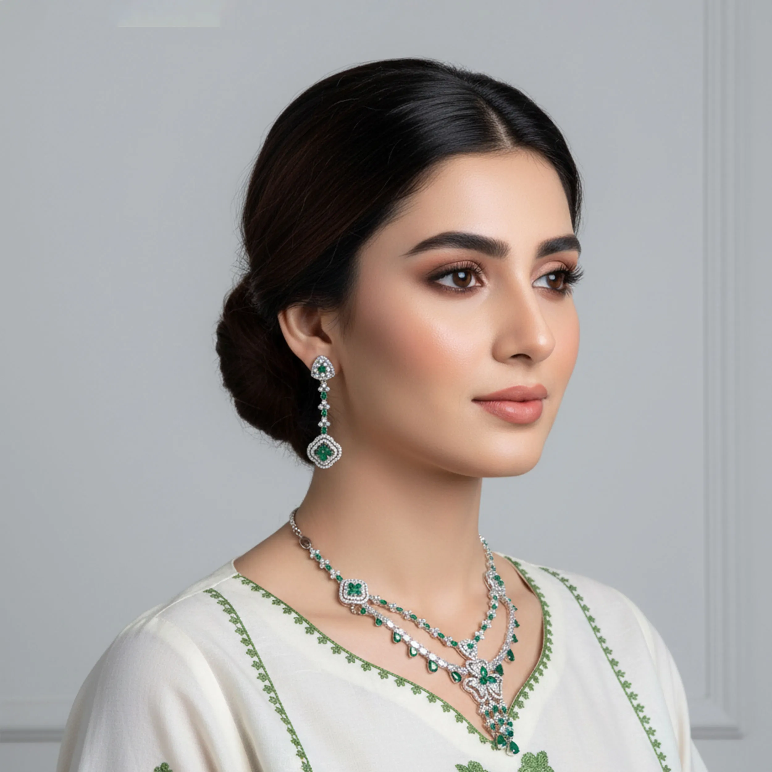 American Diamond Green Stones Necklace Set