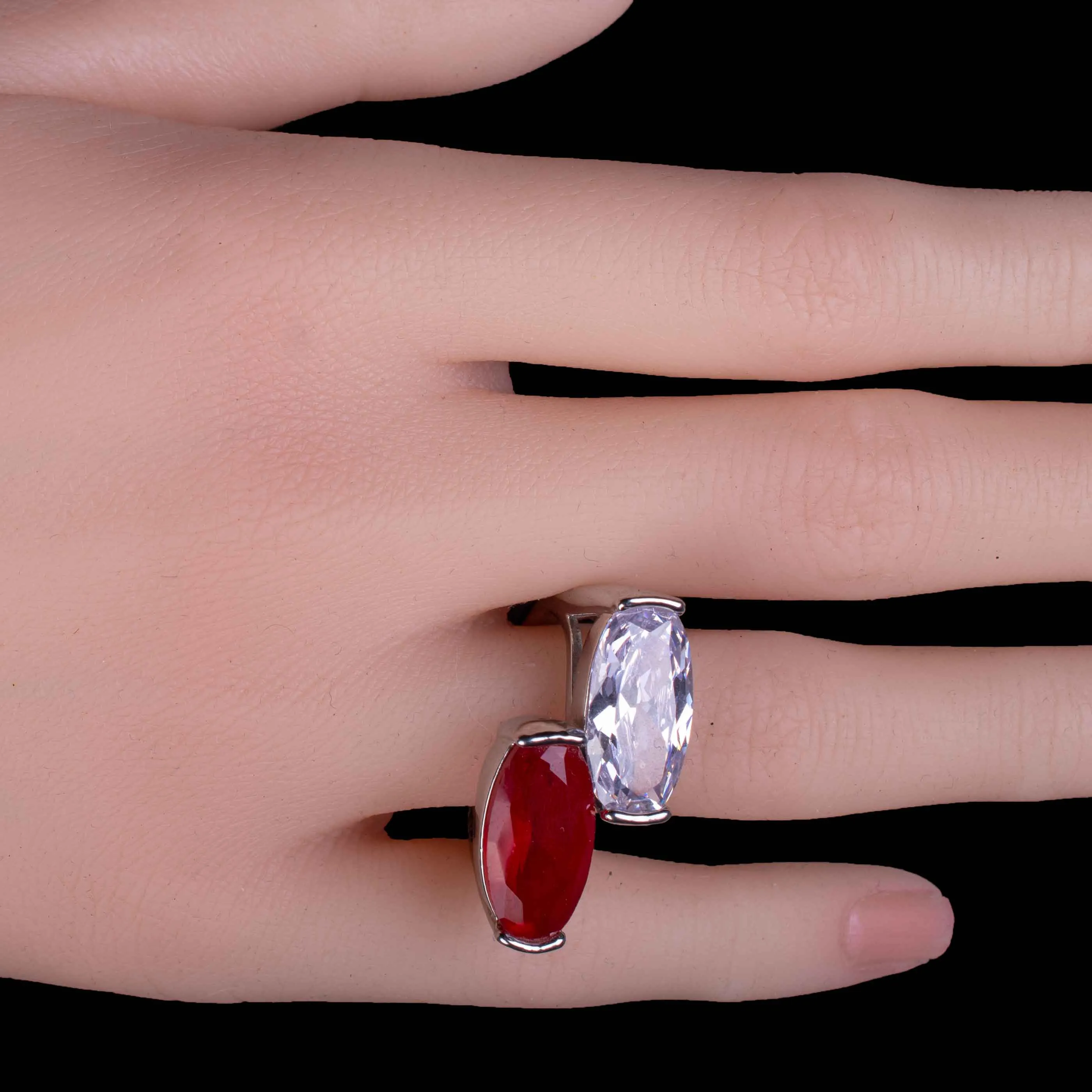 Round Cut Ruby Red & White Double Stone Ring