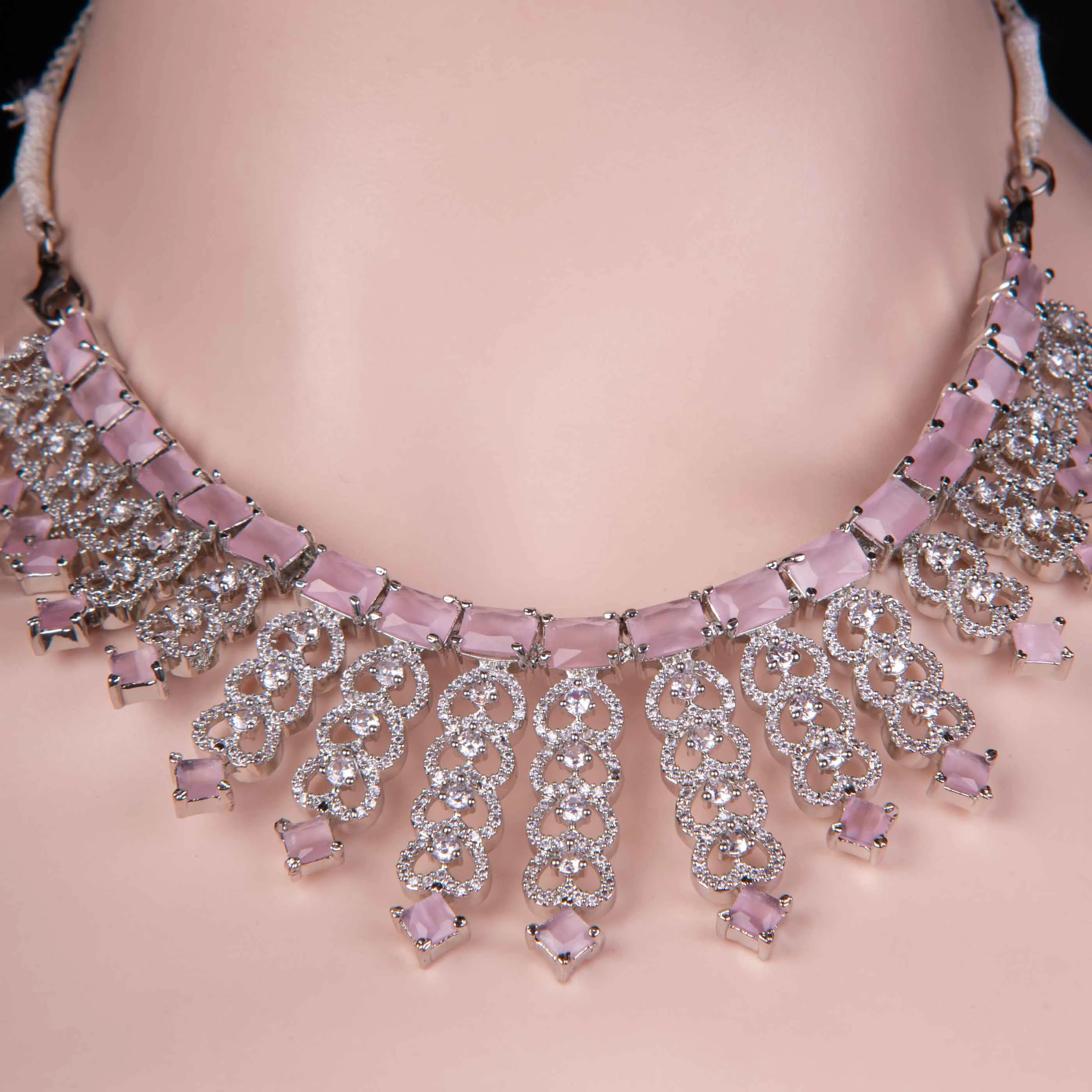 Pink Cubic Zircon Silver Necklace Set