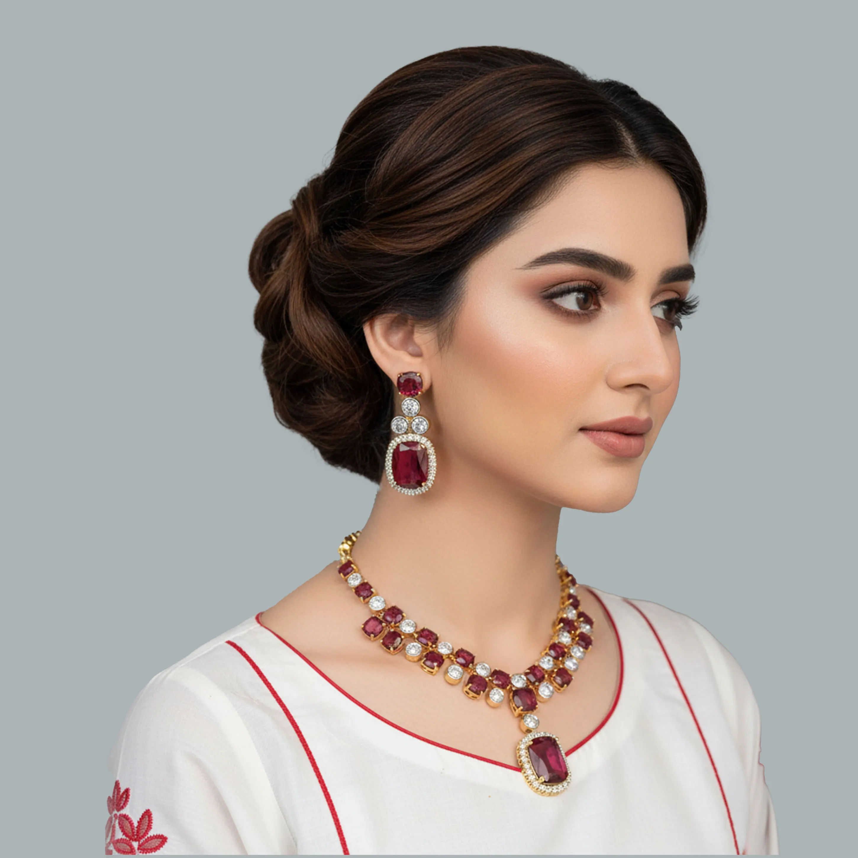 Ruby Necklace Set Red Pendant